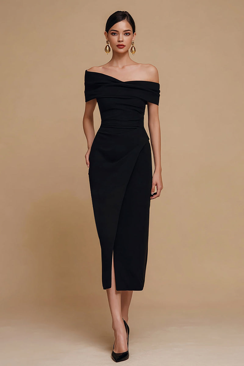 Load image into Gallery viewer, Black Mermaid Satin Off the Shoulder Long Formal Dress with Slit