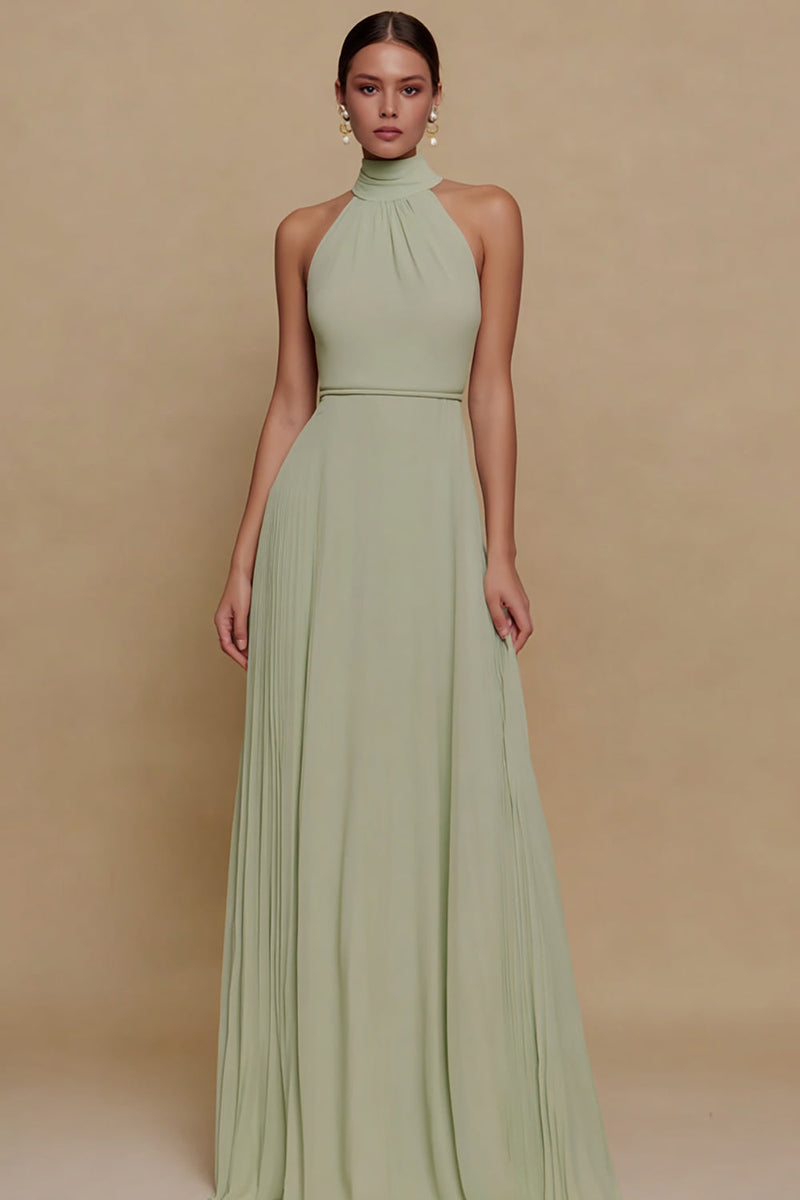 Load image into Gallery viewer, Dusty Sage Chiffon A Line High Neck Long Formal Dress