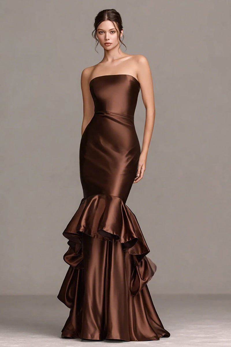 Load image into Gallery viewer, Coffee Satin Strapless Mermaid Long Formal Dress with Ruffles