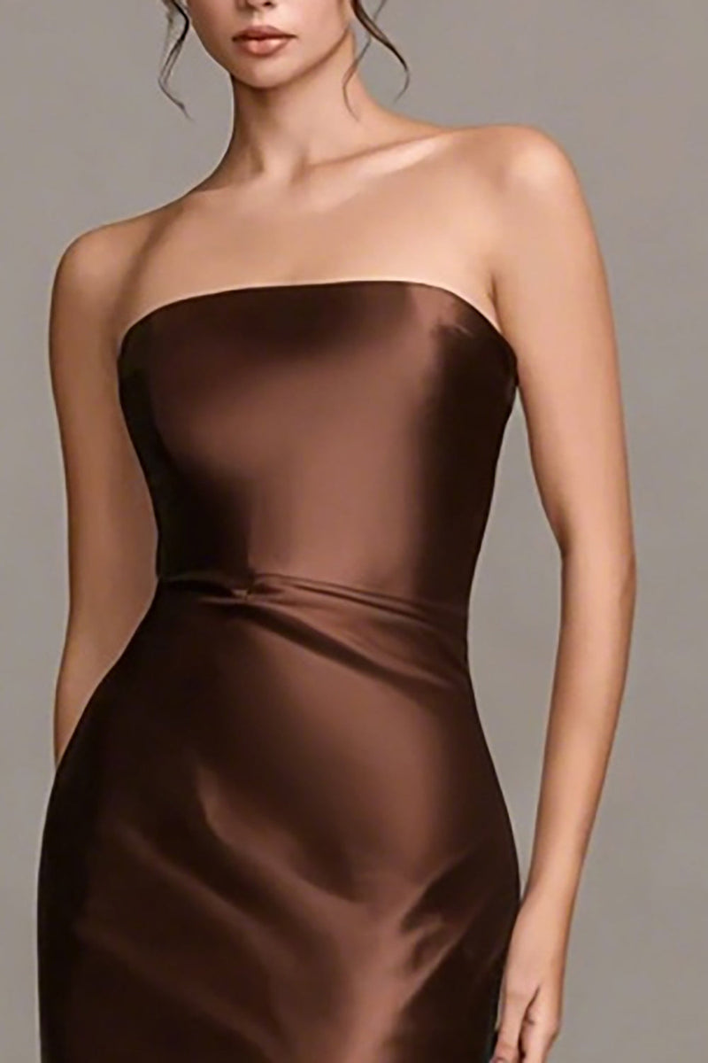 Load image into Gallery viewer, Coffee Satin Strapless Mermaid Long Formal Dress with Ruffles