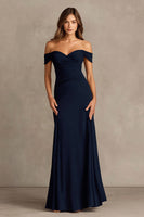 Load image into Gallery viewer, Navy Satin Sheath Off the Shoulder Long Formal Dress