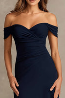 Load image into Gallery viewer, Navy Satin Sheath Off the Shoulder Long Formal Dress