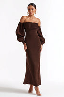Load image into Gallery viewer, Coffee Satin Mermaid Off the Shoulder Long Formal Dress with Sleeves