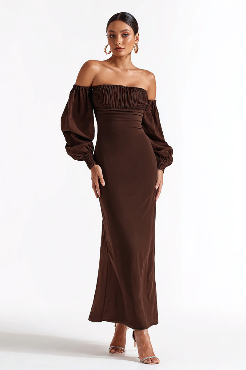 Load image into Gallery viewer, Coffee Satin Mermaid Off the Shoulder Long Formal Dress with Sleeves