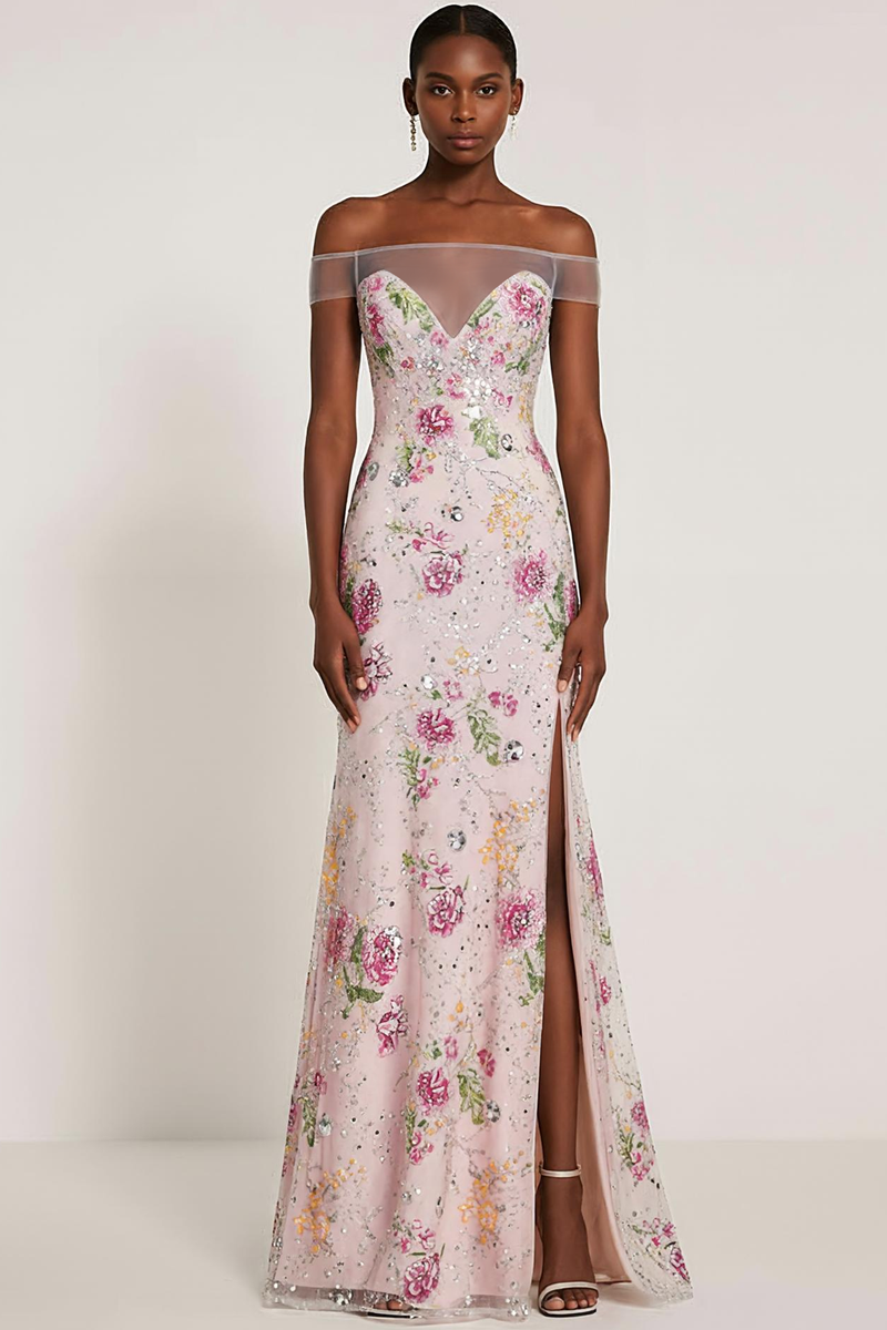 Queendancer Women Sparkly Light Pink Mermaid Long Prom Dress with Sequins Off the Shoulder Floral Gala Dress with Slit – queendancer