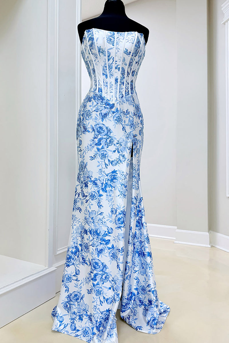 white prom dress with blue flowers Queendancer Women Flower Corset Long Slit Strapless Princess Mermaid Formal Dress – queendancer Opulessa Women's Black Hollow The cinched waist flows BIS-10-10-25 Size:XL / 40