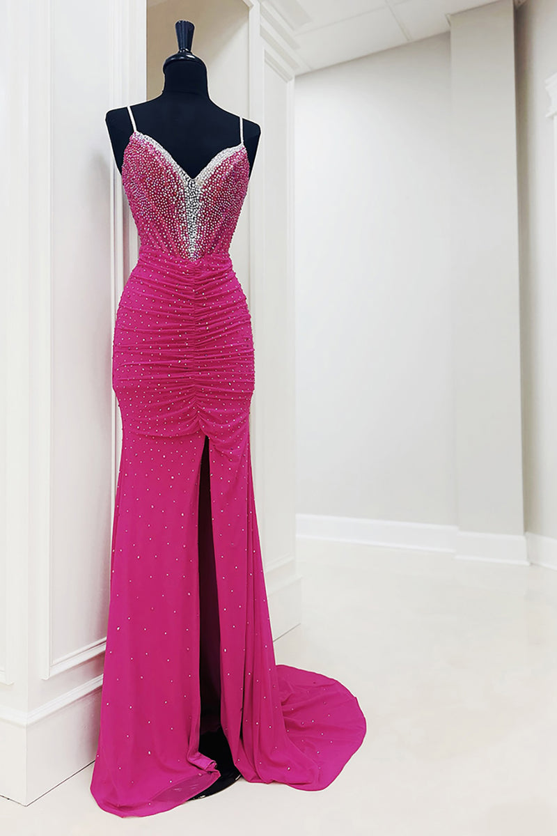Queendancer Women Sparkly Fuchsia Long Corset Prom Dress with Slit  Spaghetti Straps Beaded Ruched Sheath Gala Dress – queendancer