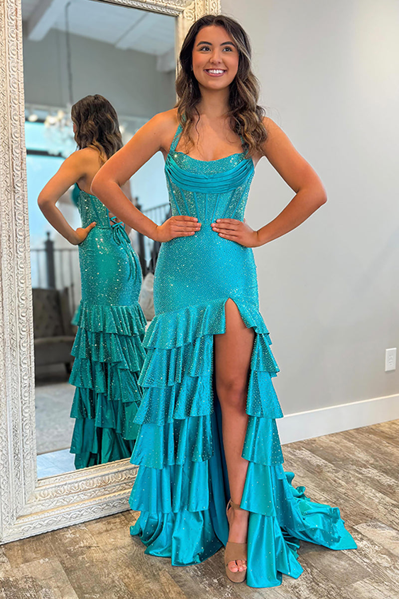 Queendancer Women Sparkly Peacock Green Sequin Long Corset Prom Dress with Ruffles Mermaid Halter Neck Tiered Lace Up Back Holiday Party Dress – queendancer