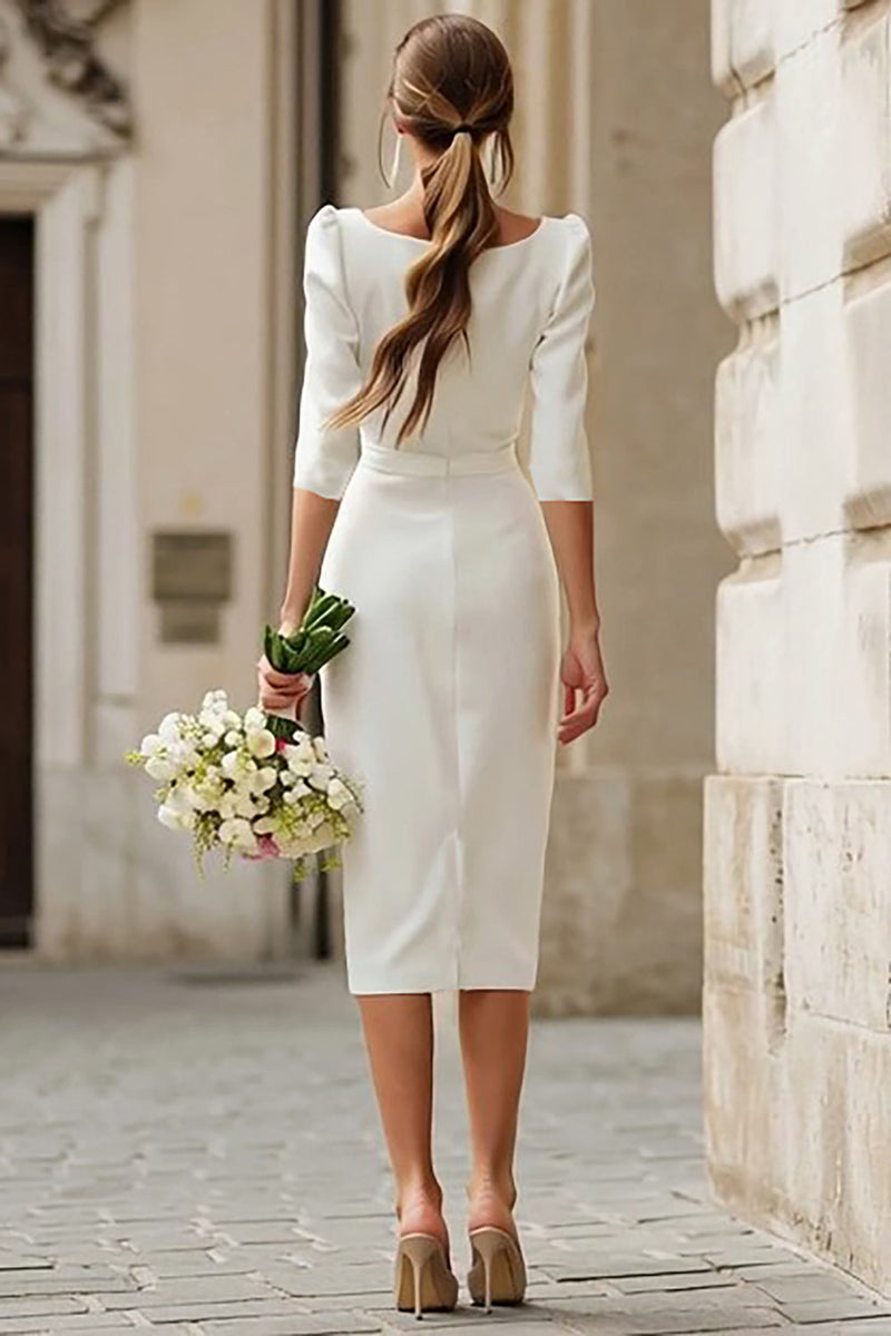 white square neck bodycon dress Queendancer Women Simple Ivory Midi Wedding with Sleeves Rehearsal Dinner Dress with Slit – queendancer Dusty-Blue Crafted from our premium Ladies - Black Draped Color:Pale Moss Green