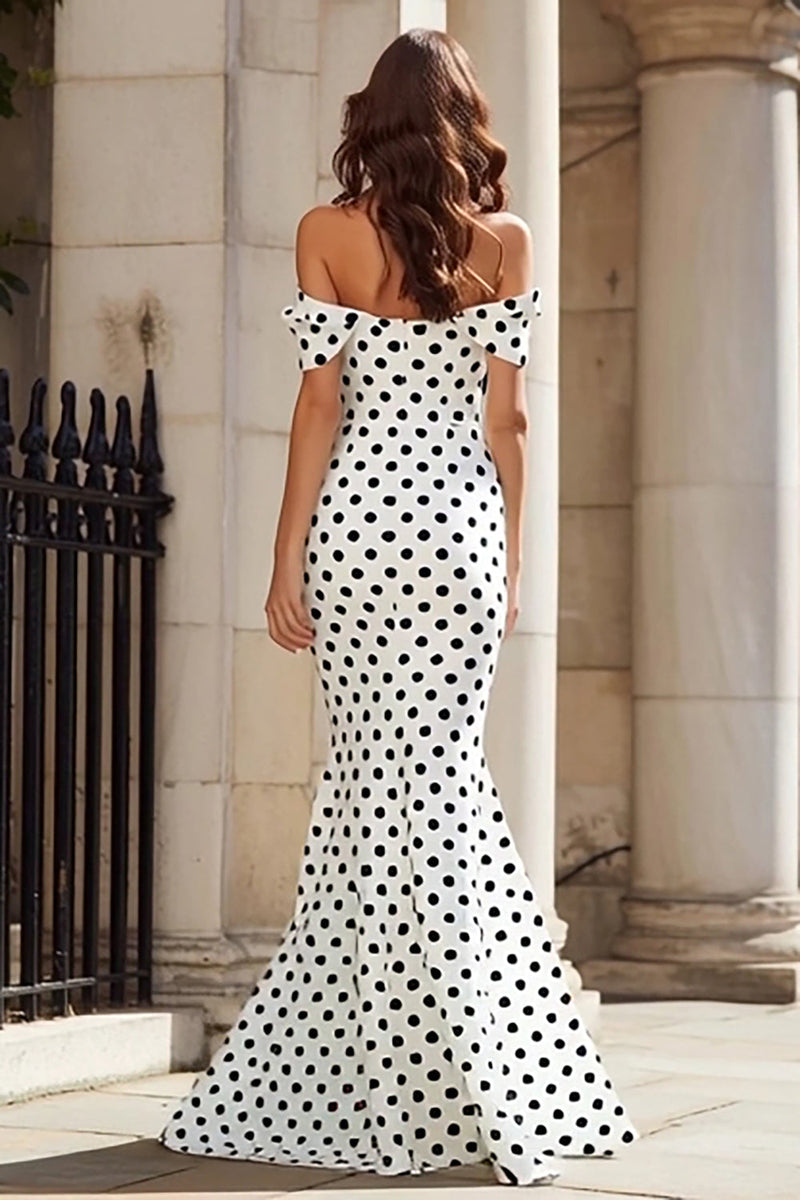 Queendancer Women Black and White Long Polka Dots Prom Dress with Bow