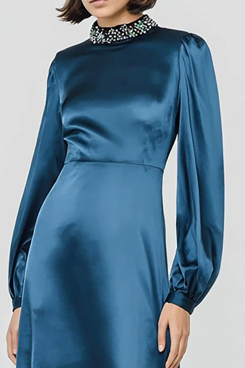 Queendancer Women Sparkly Dark Blue Satin Long Formal Dress with