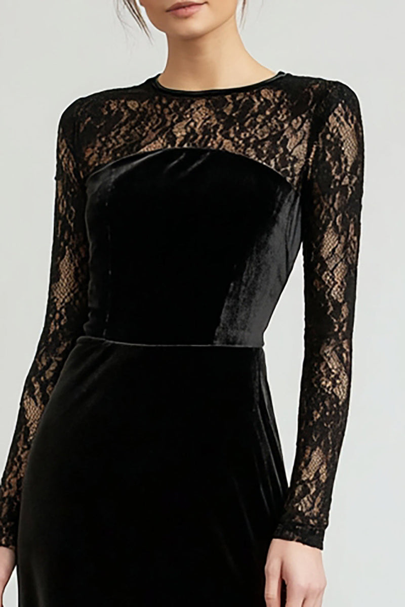 Queendancer Women Black Long Velvet Holiday Party Dress with Lace Round