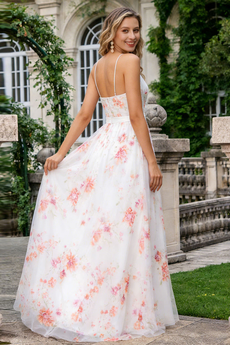 Queendancer Women Ivory Pink Floral Long Prom Dress with Slit Spaghetti Straps A Line V Neck Pageant Dress – queendancer