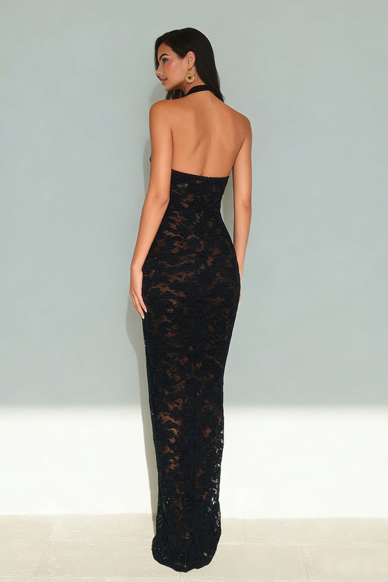 Queendancer Women Black Lace Long Formal Dress Halter Neck Backless