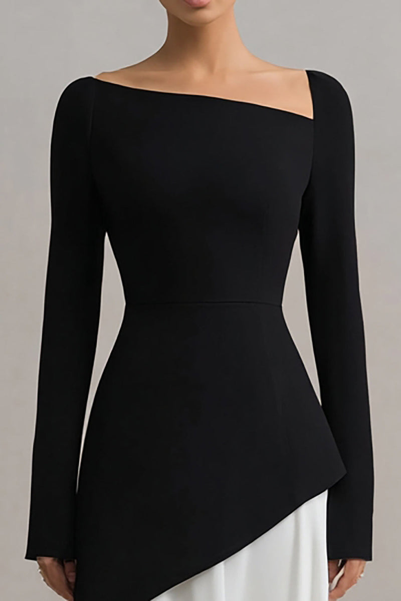 Queendancer Women Black and White Satin Formal Dress with Sleeves