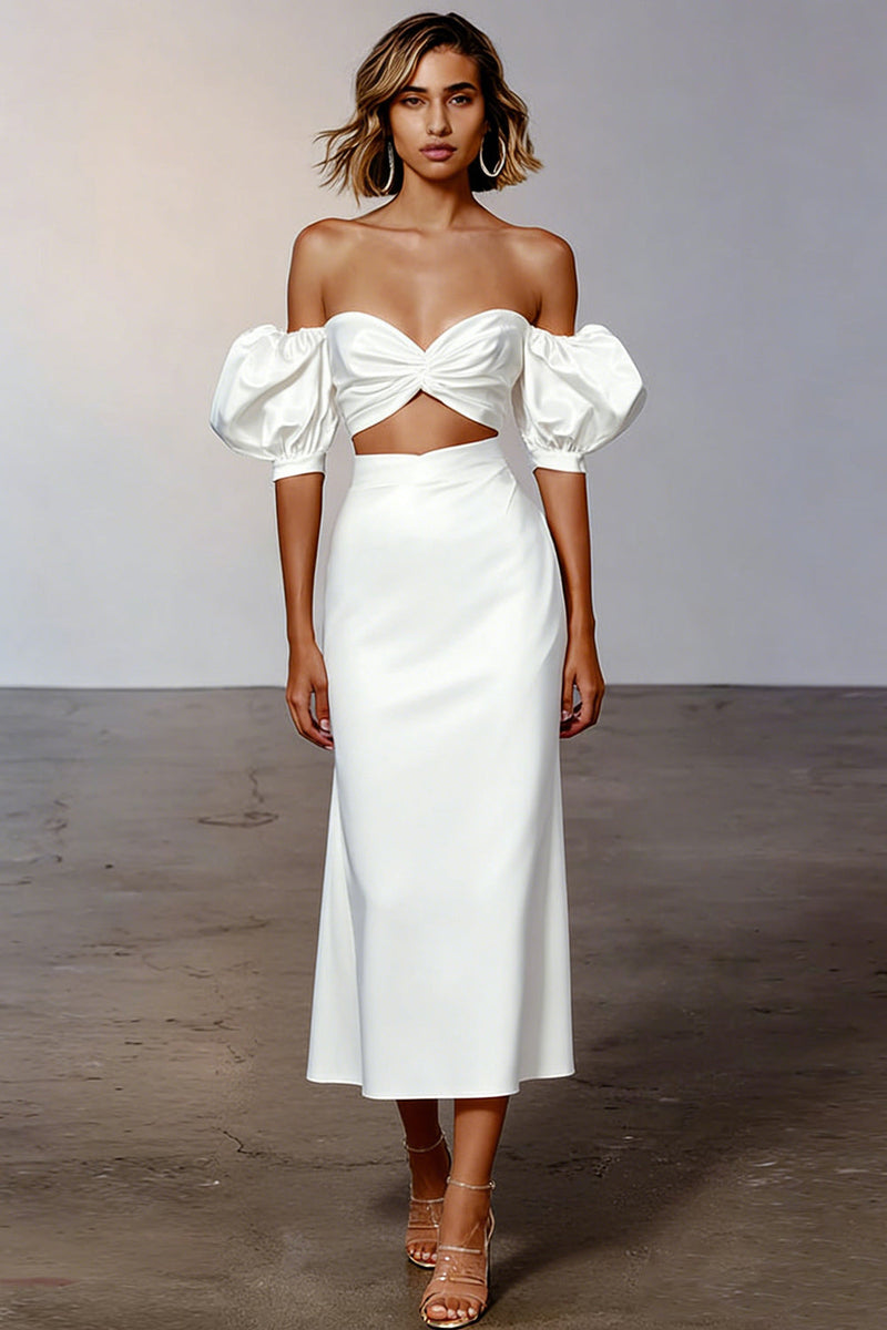 Queendancer Women 2 Piece White Sheath Midi Engagement Dress Off the Shoulder Puff Sleeves Ruched Rehearsal Dinner Dress – queendancer