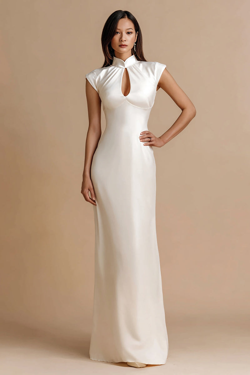 Queendancer Women Ivory Satin Maxi Engagement Dress with Keyhole Cap Sleeves High Neck Sheath Rehearsal Dinner Dress – queendancer