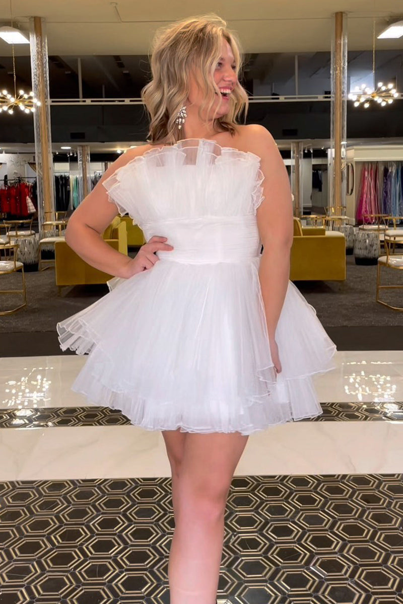 Load image into Gallery viewer, Blue A-Line Strapless Tulle Homecoming Dress with Ruffles