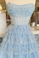 Load image into Gallery viewer, A Line Light Blue Sequins Corset Short Homecoming Dress