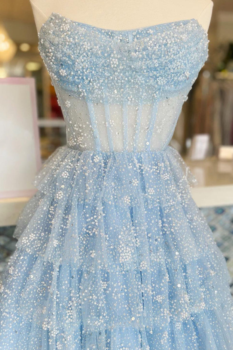 Load image into Gallery viewer, A Line Light Blue Sequins Corset Short Homecoming Dress