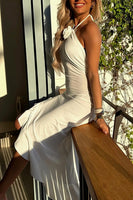 Load image into Gallery viewer, White Halter High-Low Sheath Ruffled Long Rehearsal Dinner Dress with 3D Flower