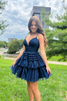 Load image into Gallery viewer, Black A-Line Spaghetti Straps Tulle Tiered Short Homecoming Dress