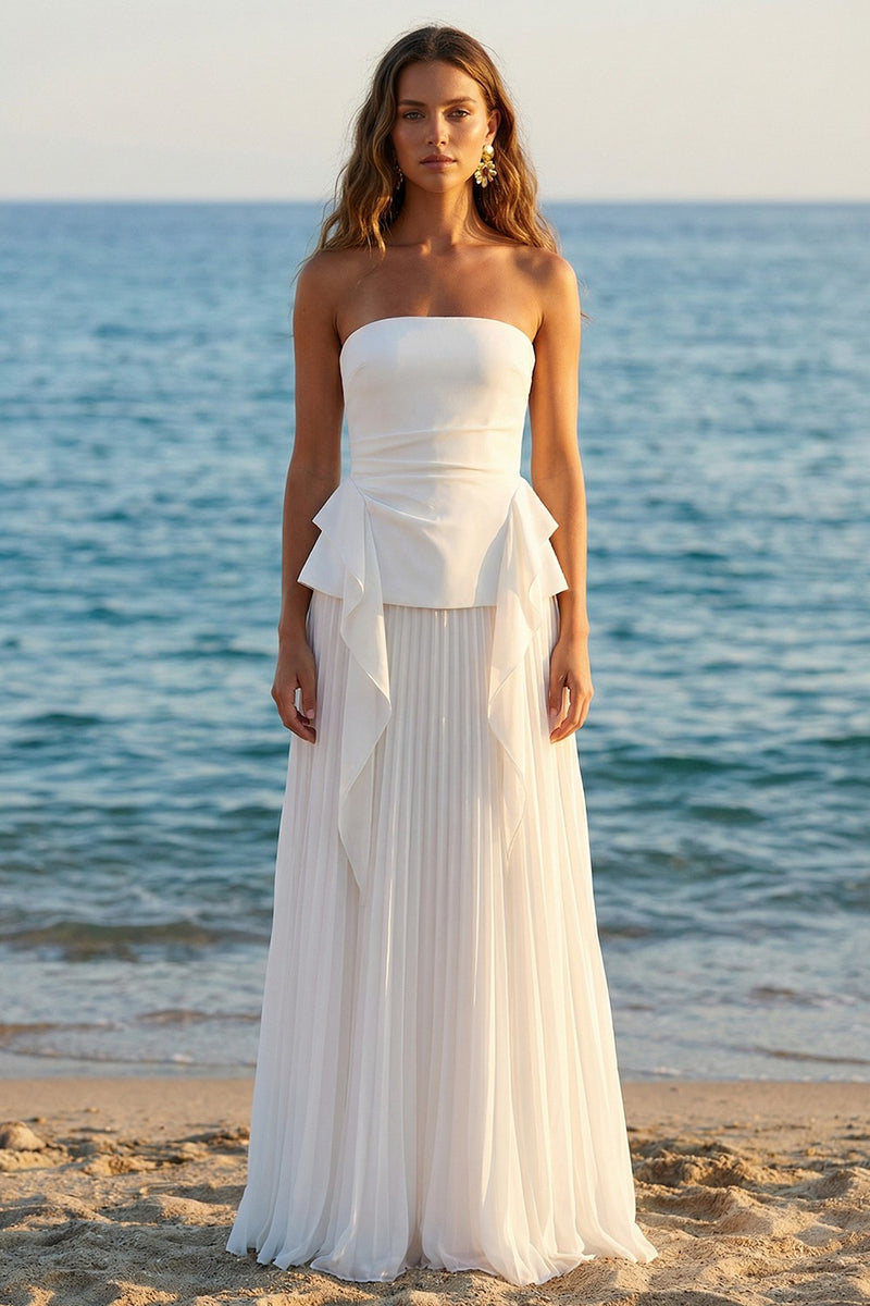 Queendancer Women Ivory Long Rehearsal Dinner Dress with Ruffles Strapless Pleated A Line Backless Engagement Dress – queendancer