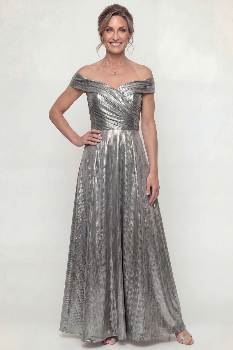 Queendancer Women Grey Silver Long Evening Dress Metallic Ruched Off the Shoulder A Line Formal Dress – queendancer