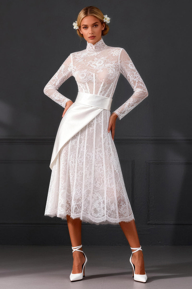 Queendancer Women White Corset Maxi Boho Wedding Reception Dress with Side Cape High Neck Lace A Line Long Sleeves Engagement Dress – queendancer