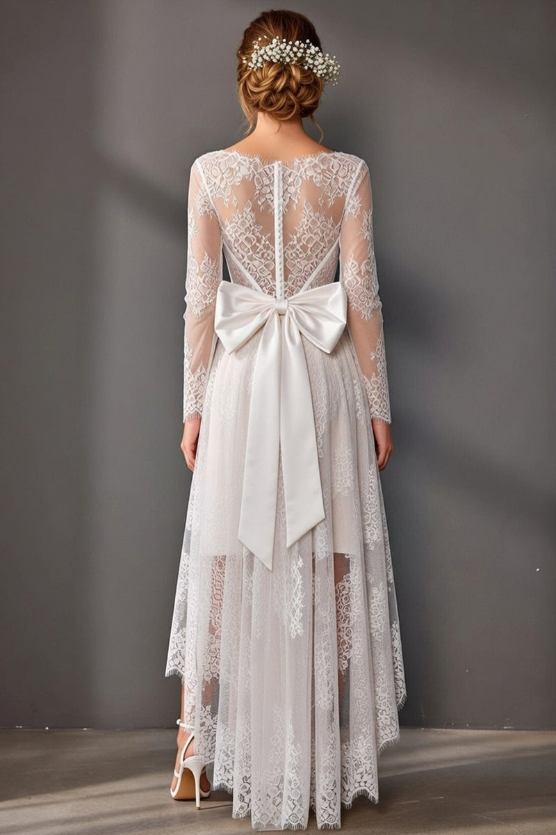 Queendancer Women White Boho High-Low Corset Wedding Reception Dress with Bow Boat Neck A Line Lace Engagement Dress with Sleeves – queendancer