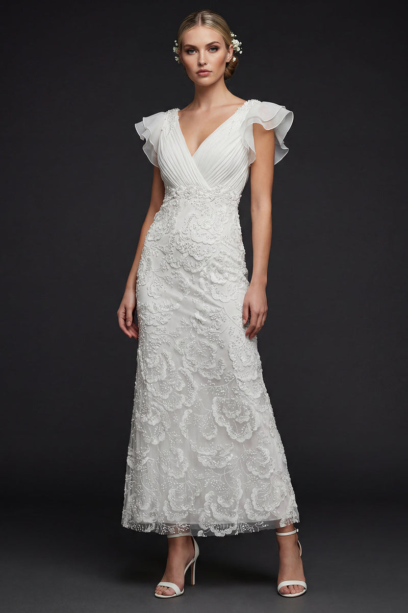 Queendancer Women Sparkly White Floral Maxi Boho Wedding Reception Dress Sheath V Neck Beaded Ruffled Mermaid Engagement Dress with Appliques queendancer Queendancer Women Sparkly White Floral Maxi Boho Wedding Reception Dress Sheath V Neck Beaded Ruffled Mermaid Engagement Dress with Appliques queendancer