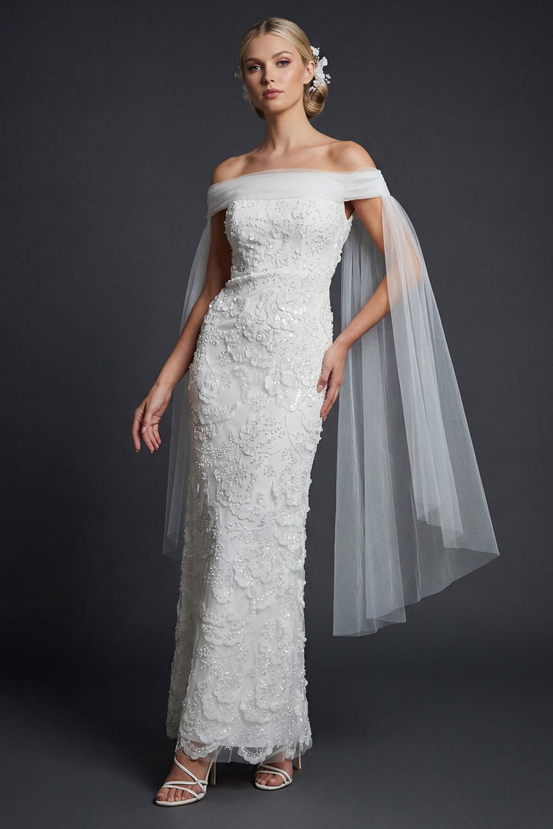 Queendancer Women Sparkly Floral White Maxi Wedding Reception Dress with  Cape Appliqued Off the Shoulder Beaded Mermaid Engagement Dress –  queendancer