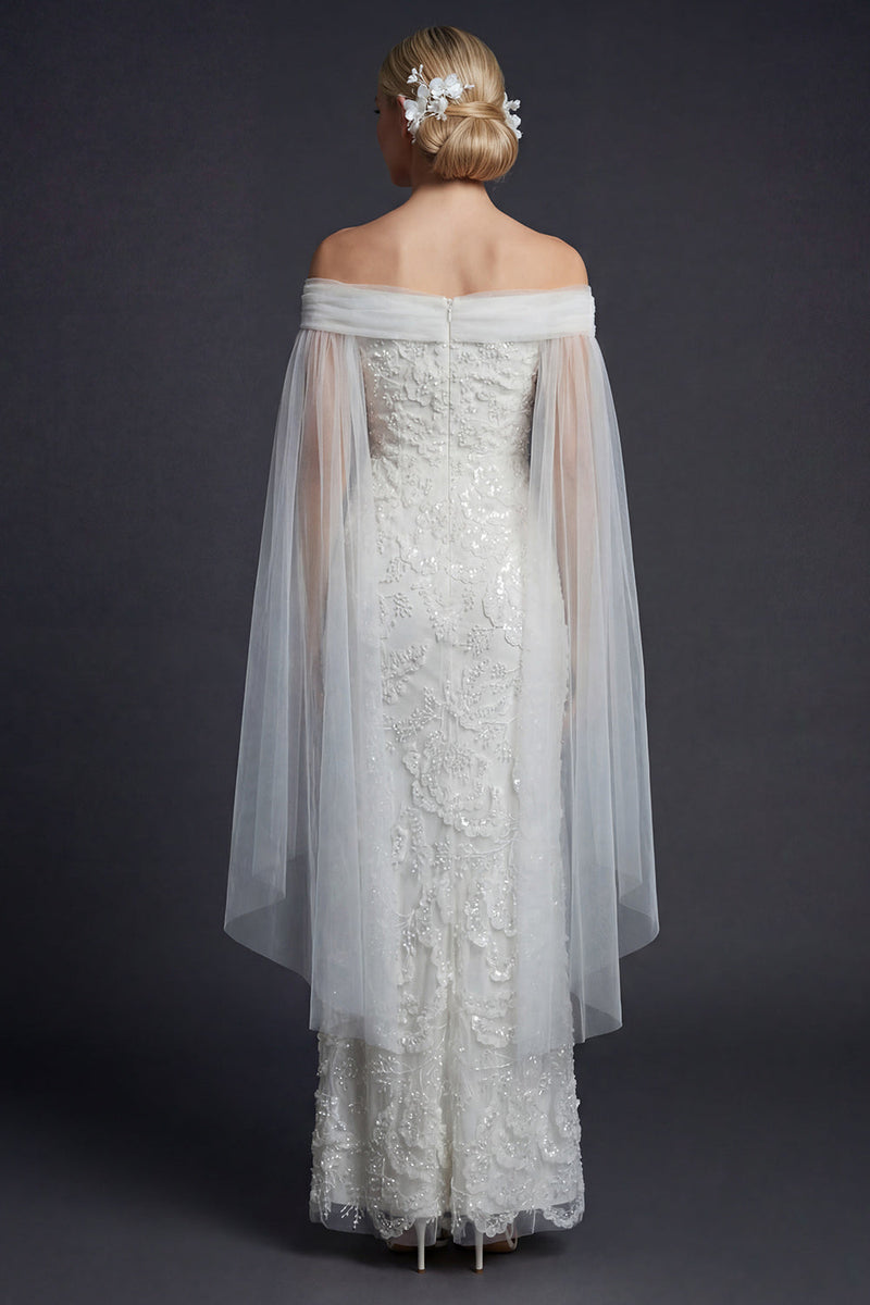 maxi reception dress Queendancer Women Sparkly Floral White Maxi Wedding Reception Dress with  Cape Appliqued Off the Shoulder Beaded Mermaid Engagement Dress –  queendancer