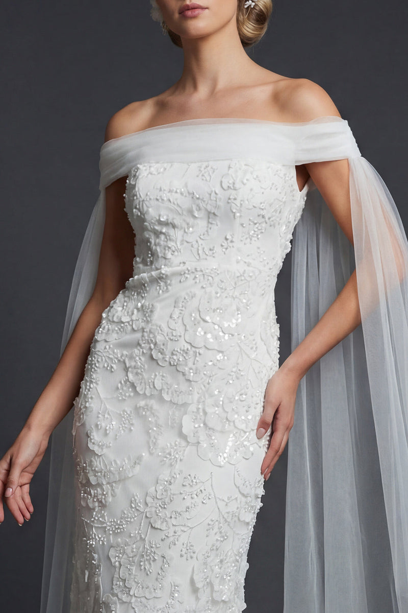 Queendancer Women Sparkly Floral White Maxi Wedding Reception Dress with Cape Appliqued Off the Shoulder Beaded Mermaid Engagement Dress queendancer Queendancer Women Sparkly Floral White Maxi Wedding Reception Dress with Cape Appliqued Off the Shoulder Beaded Mermaid Engagement Dress queendancer