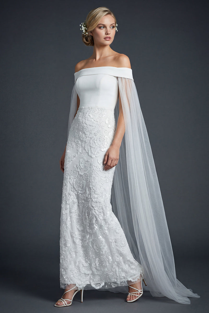 white maxi dress engagement Queendancer Women Sparkly White Floral Maxi Wedding Reception Dress with  Cape Appliqued Off the Shoulder Beaded Mermaid Engagement Dress –  queendancer