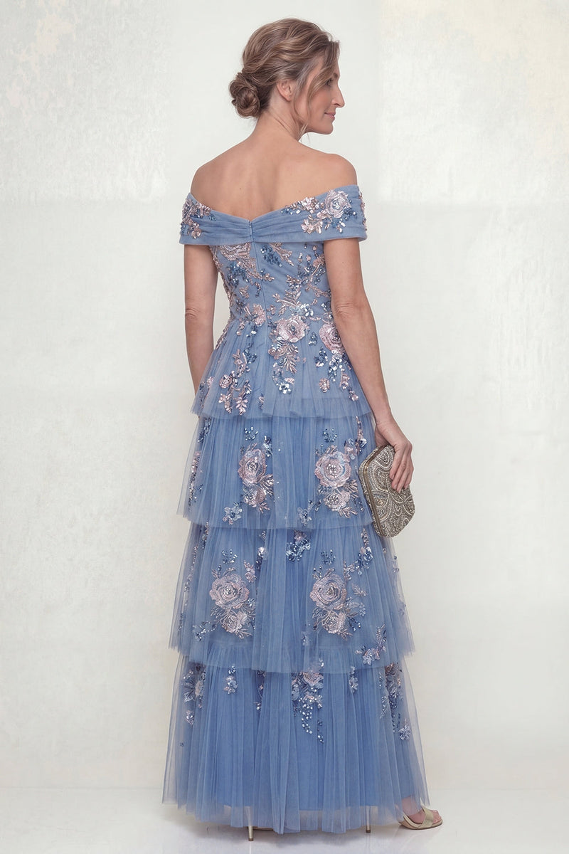 Queendancer Women Dusty Blue Floral Long Mother of the Bride Dress