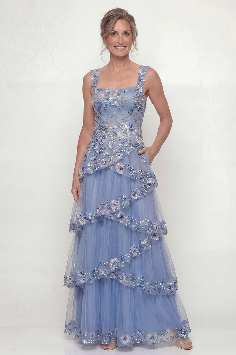 Queendancer Women Dusty Blue Long Floral Mother of the Bride Dress Tulle Square Neck A Line Mother of the Groom Dress with Ruffles – queendancer