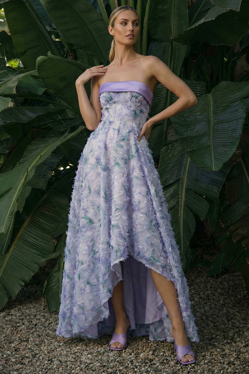 Queendancer Women Light Purple Asymmetrical Floral Formal Dress Backless A Line Strapless Jacquard Prom Dress – queendancer