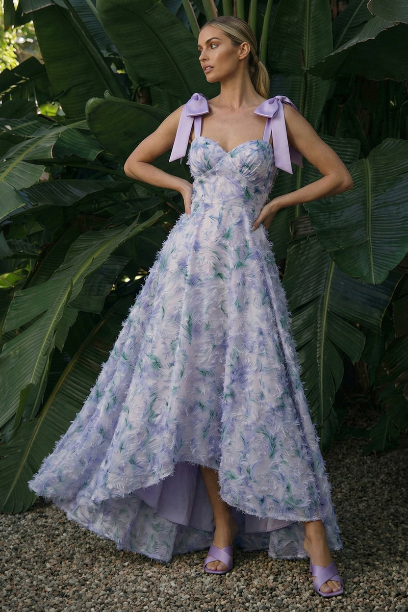 Queendancer Women Light Purple Floral Long Formal Dress A Line Thick Straps Jacquard Prom Dress with Bows – queendancer
