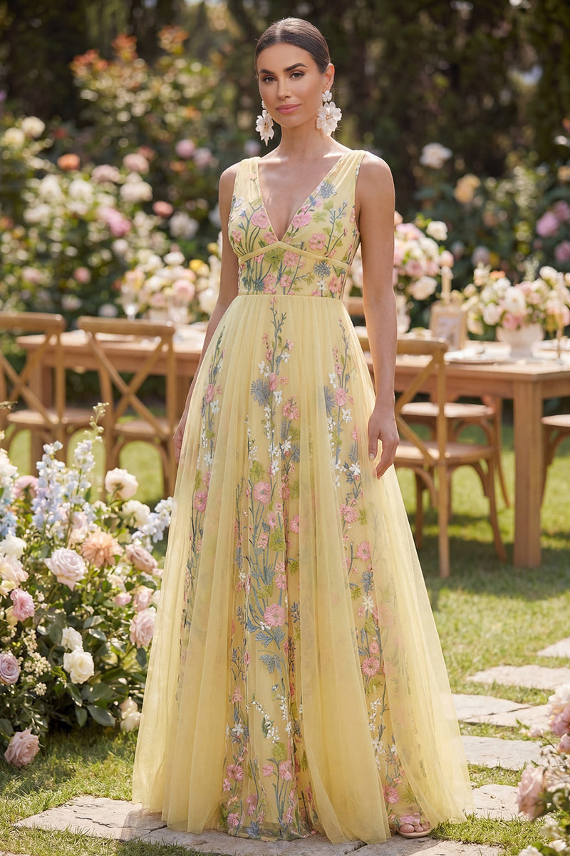 Queendancer Women Butter Yellow A Line V-Neck Floral Long Formal Dress – queendancer