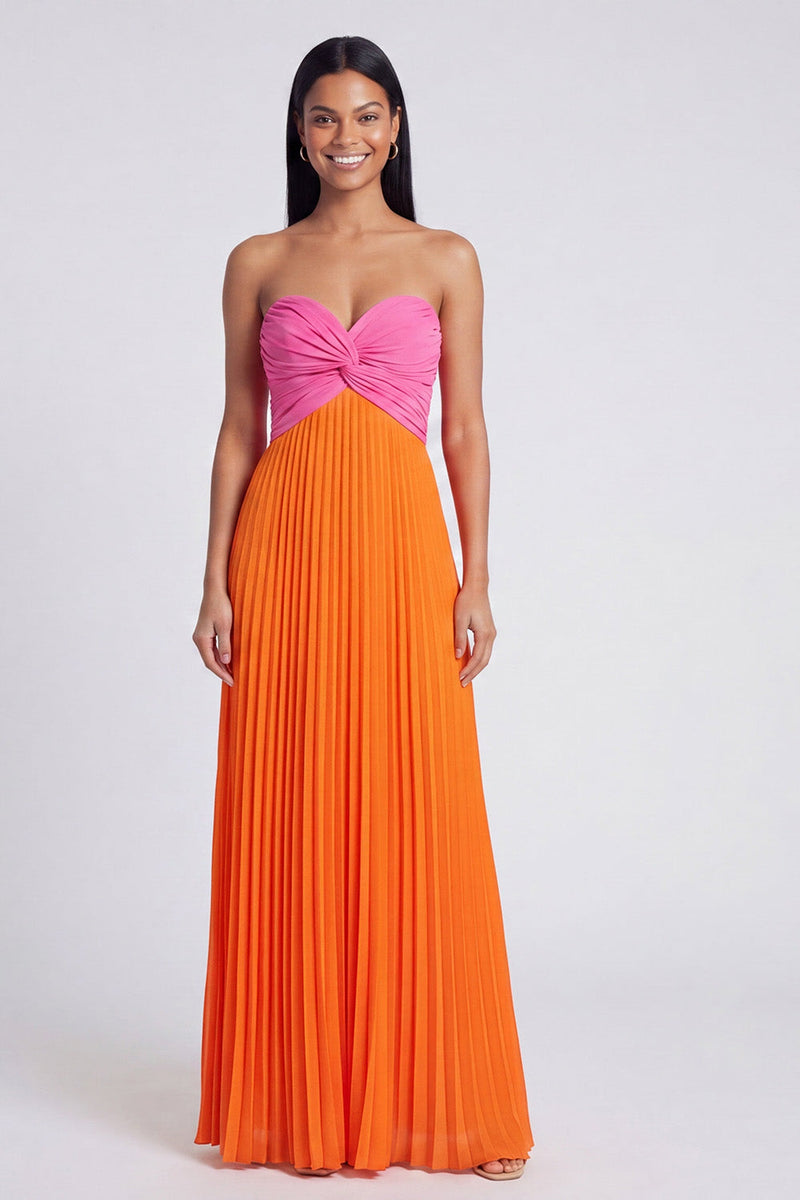 pink orange color block dress Queendancer Women and Patchwork Strapless Ruched A Line Empire Waist Long Formal with Pleats – queendancer Beige Cape Aline Cotton XMAS this dress will be Color:Turq Blue