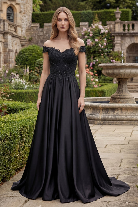 Black Off the Shoulder A Line Beaded Long Formal Dress with Lace