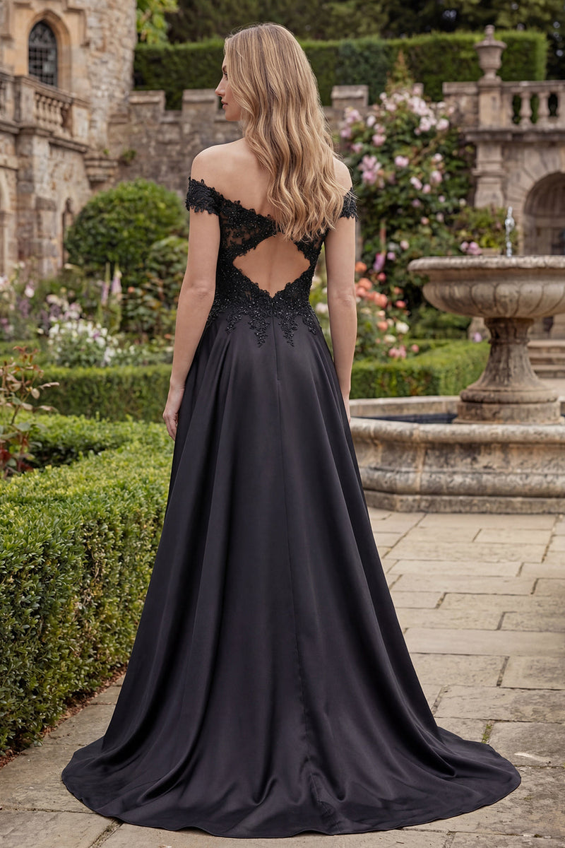 Queendancer Women Black Beaded A Line Off the Shoulder Long Satin Formal Dress with Lace – queendancer