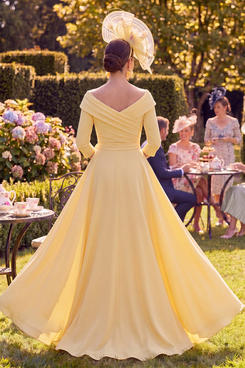 yellow mother of the bride dresses Queendancer Women Butter Yellow Long Floral Mother of the Bride Dress with  Cape Sheath Ruched Off the Shoulder 3/4 Sleeves Garden Party Dress with 3D  Flower – queendancer