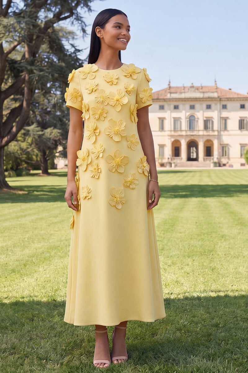 Queendancer Women Yellow Maxi Floral Formal Dress A Line Round Neck Short Sleeves Wedding Guest Dress – queendancer