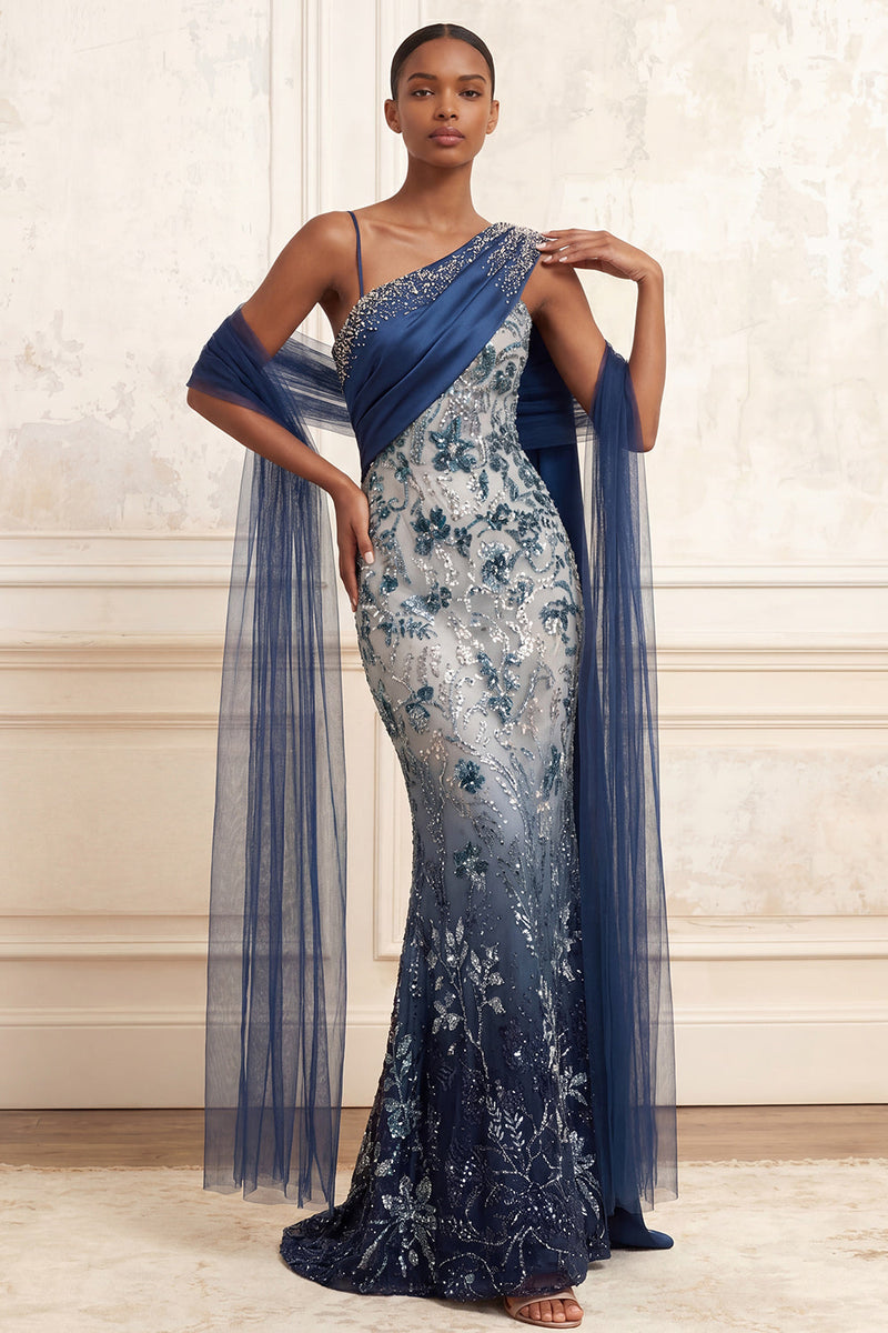 navy sparkly formal dress Queendancer Women Floral Long One Shoulder Mermaid Ruched Beaded Gala Dress – queendancer Dept_Tops-Dresses Size:FR34 - US2 - UK6 Crafted for the modern @coral in the Perri