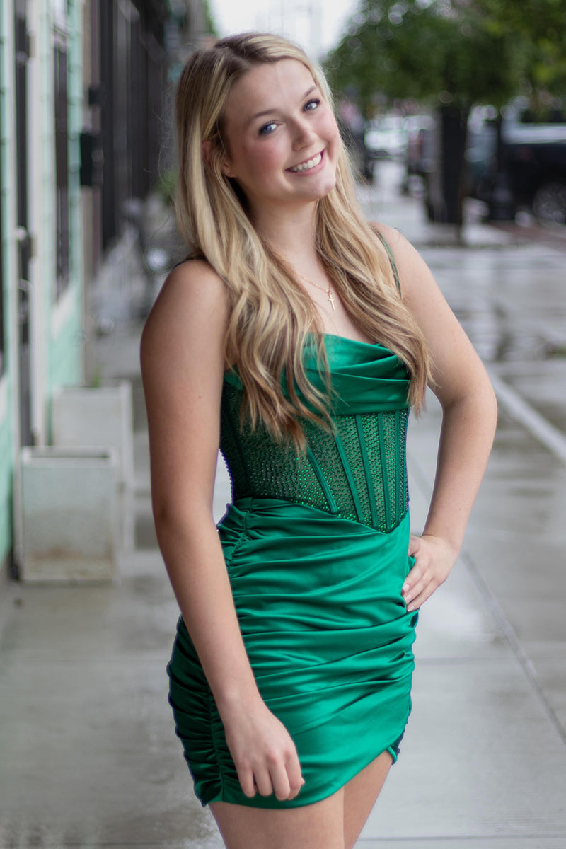 Queendancer Women Sparkly Emerald Green Short Beaded Homecoming Dress Bodycon Spaghetti Straps Satin Ruched Lace Up Back Cocktail Dress with Rhinestones – queendancer