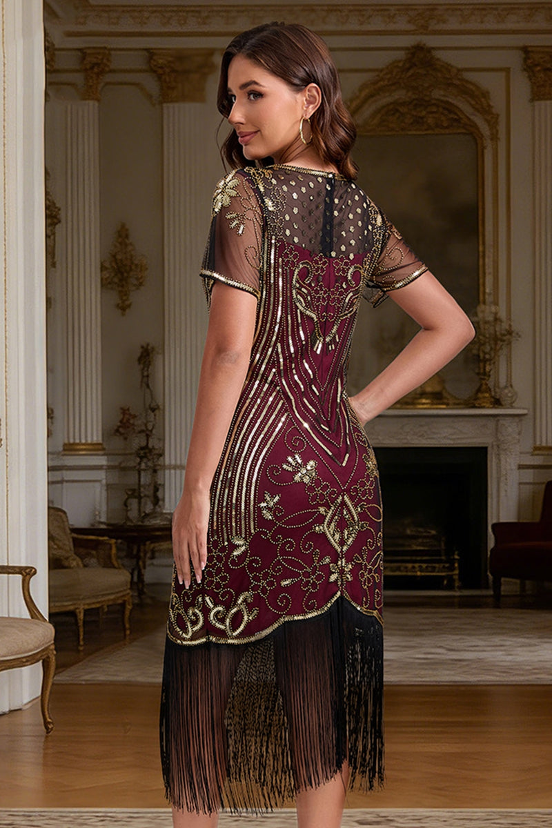 burgundy 1920s dress Queendancer Women Sparkly Sequin Fringed Bodycon Scoop Neck Flapper Dress wtih Sleeves – queendancer Mock Neck Mesh Overlay Dress | Sheer Formal Dress for Musicians (Size):1X sleeveless navy bridesmaid dress Introducing our 1920s Nicholette White Cranes Red Sun