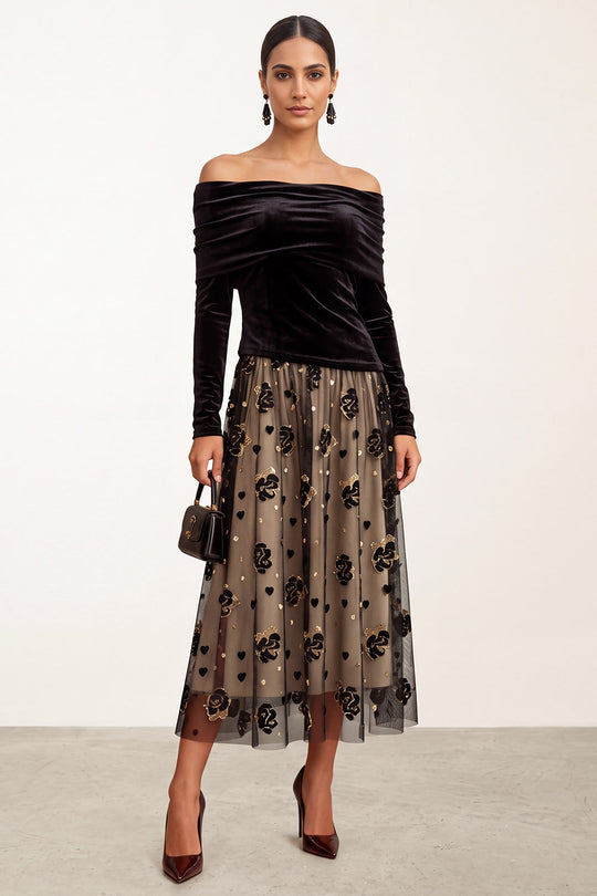 Black Champagne Floral A Line Velvet Ruched Midi Formal Dress with Sleeves