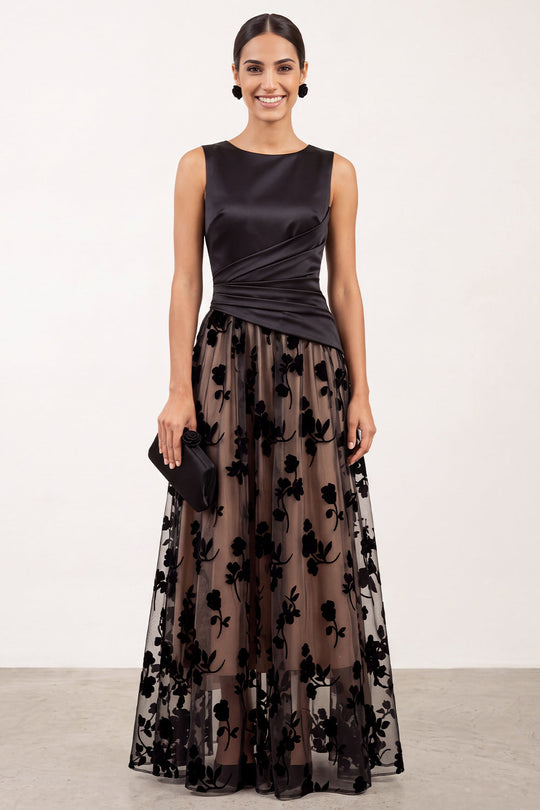 Floral Black Champagne Ruched Bateau Neck Satin A-Line Long Formal Dress